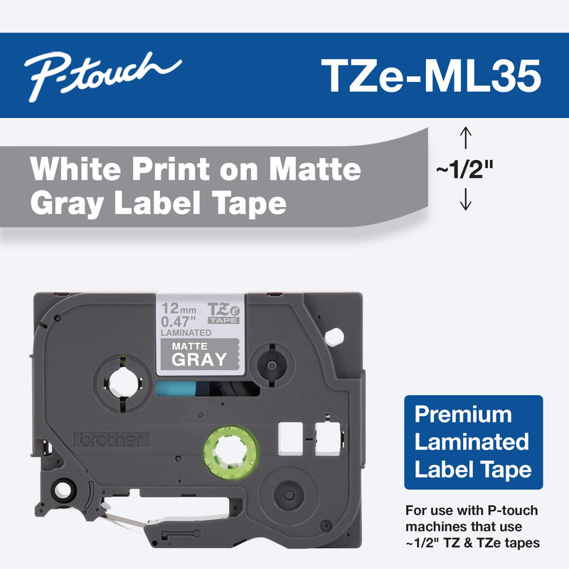 Brother P-Touch TZe-ML35 White Print on Premium Matte Gray Laminated Tape 12mm (0.47”) wide x 8m (26.2’) long, TZEML35 White on Matte Gray TZe Tape
