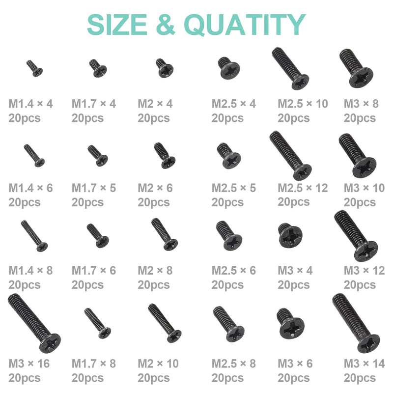 QTEATAK 480Pcs Black Laptop Notebook Computer Replacement Screws Kit for Lenovo Toshiba Gateway Samsung HP IBM Dell Sony Acer Asus SSD Hard Disk SATA 480 Pcs