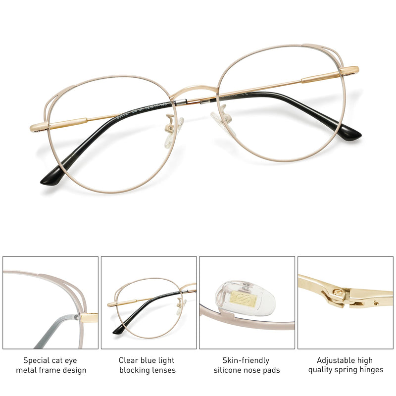 SOJOS Cat Eye Blue Light Blocking Glasses Hipster Metal Frame Women Eyeglasses She Young Beige