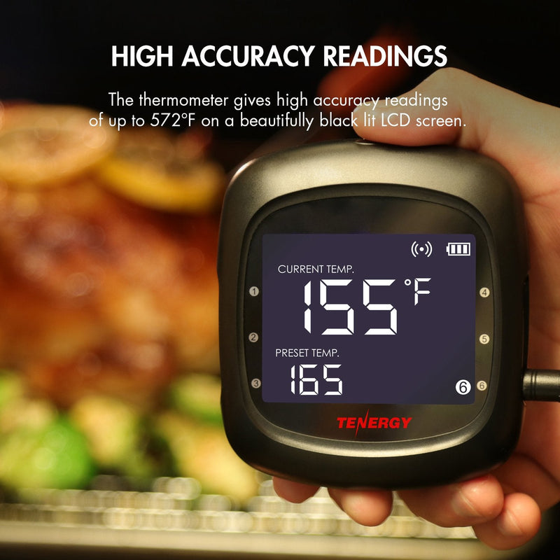 Tenergy Solis Digital Meat Thermometer, APP Controlled Wireless Bluetooth Smart BBQ Thermometer w/ 6 Stainless Steel Probes, Large LCD Display, & Carrying Case, Cooking Thermometer for Grill & Smoker 1 x Thermometer + 6 x Probes