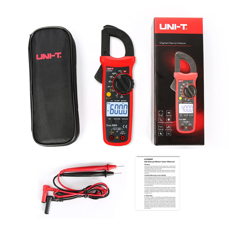 UNI-T UT202F Digital Clamp Meter AC Current TRMS Volt Ohm Amp Meter HVAC Clamp On Multimeter Auto Ranging 6000Counts AC Current Frequency NCV DC AC Voltage Frequency Resistance Continuity Diode Tester