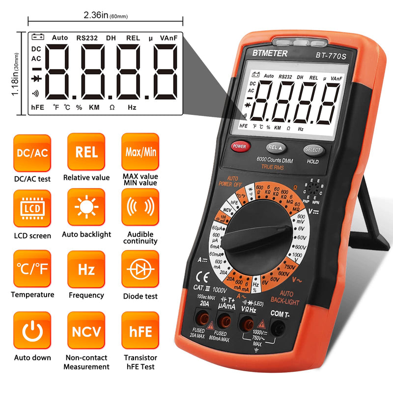 BTMETER BT-770S Multimeter Manual Ranging Electric Meter, for AC DC Volt Amp Ohm Capacitance Frequency with Continuity Tester, Auto Backlit for Automotive Hobbyist Electrical Home BT-770S Manual Ranging