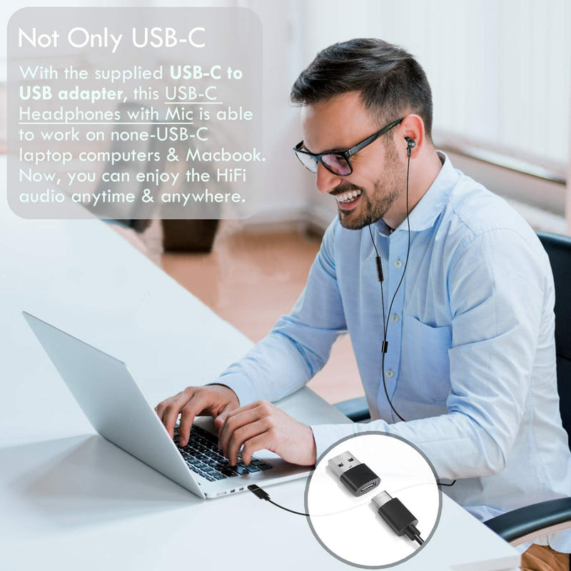 USB C Earbuds Headphones with Mic & Type-C Plug, HiFi Earphones Deep Bass, Compatible with Most Type C Mobile Devices, with USB C to USB Adapter for Computers, CGS-W1A