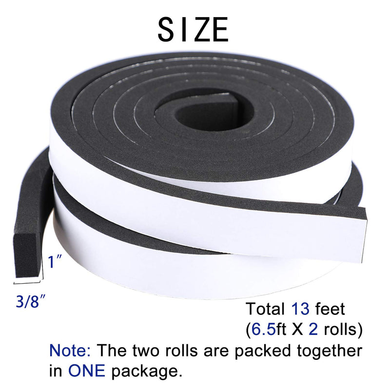 Yotache Foam Insulation Tape 2 Rolls 1 Inch Wide X 3/8 Inch Thick, High Density Foam with Adhesive Tape Self Stick Weather Stripping Thick, Total 13 Feet Long (2 X 6.5 Ft Each) 1" W x 3/8" T