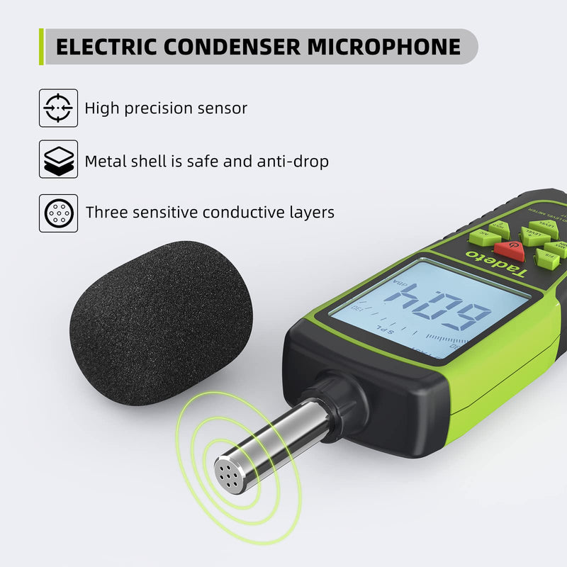 Decibel Meter, Tadeto Sound Level Meter Portable db Meter 30dB to 130dB (5 Measuring Ranges) Backlight LCD Display, MAX/MIN, Audible and Visual Alarms, Data Hold, A/C Weighted Verde