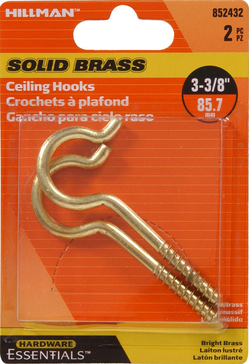 Hillman Hardware Essentials 852432 Brass .192 x 3-3/8" Round Ceiling Screw Hook, Brass Finish 25lbs - 2 Pack