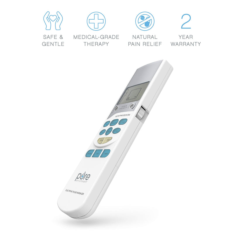 Pure Enrichment PurePulse TENS Electronic Pulse Stimulator Featuring Comprehensive LCD Screen, 6 Programs, 3 Massage Settings, and 2 Channels - Includes 4 AAA Batteries + 4 Reusable Electrode Pads