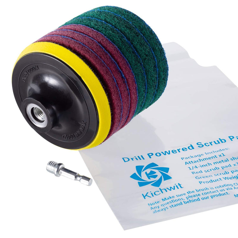 Kichwit 4 Inch Drill Power Brush Tile Scrubber Scouring Pads Cleaning Kit, Includes Drill Attachment, 3 Red Pads and 3 Stiff Green Pads, Heavy Duty Household Cleaning Tool (Drill NOT Included)