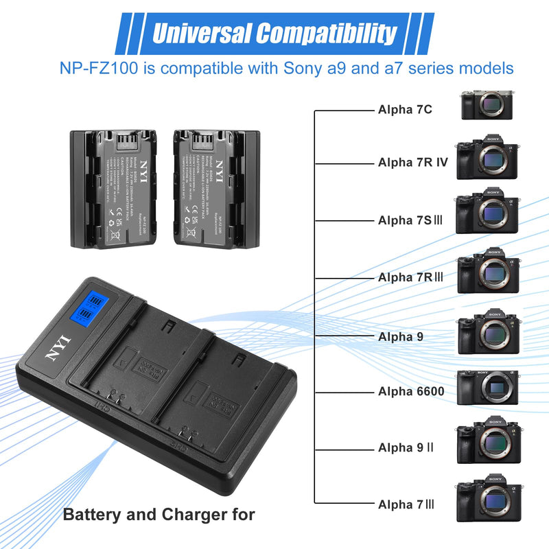 NYI NP-FZ100 Replacement Battery and Charger for Sony A7 III, A7R III, A7R IV,A1, A7C, A9 (ILCE-9), A9 II, A6600, A7S III, FX3 Digital Cameras,2 Pack 2280mAh 7.2V Batteries and Dual Fast Charger