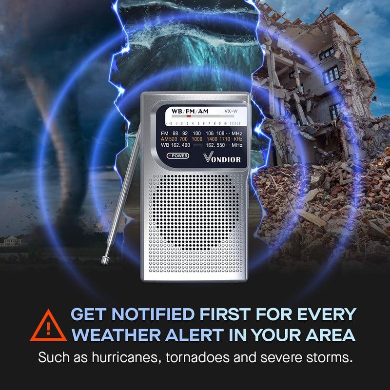 NOAA Weather Radio - Emergency NOAA/AM/FM Battery Operated Portable Radio with Best Reception and Longest Lasting Transistor. Powered by 2 AA Battery with Mono Headphone Socket, by Vondior (Silver) NOAA Weather Radio
