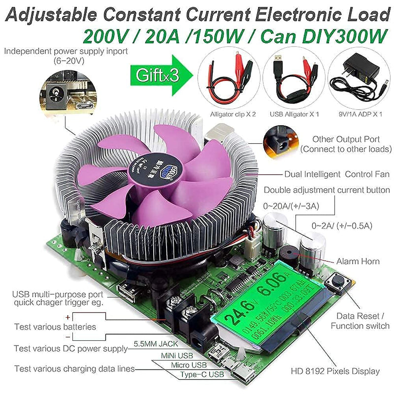 MakerHawk Electronic Load Tester - USB Load Tester 150W 200V 20A Resistor Adjustable Constant Current Battery Capacity Tester Module Intelligent Dischar
