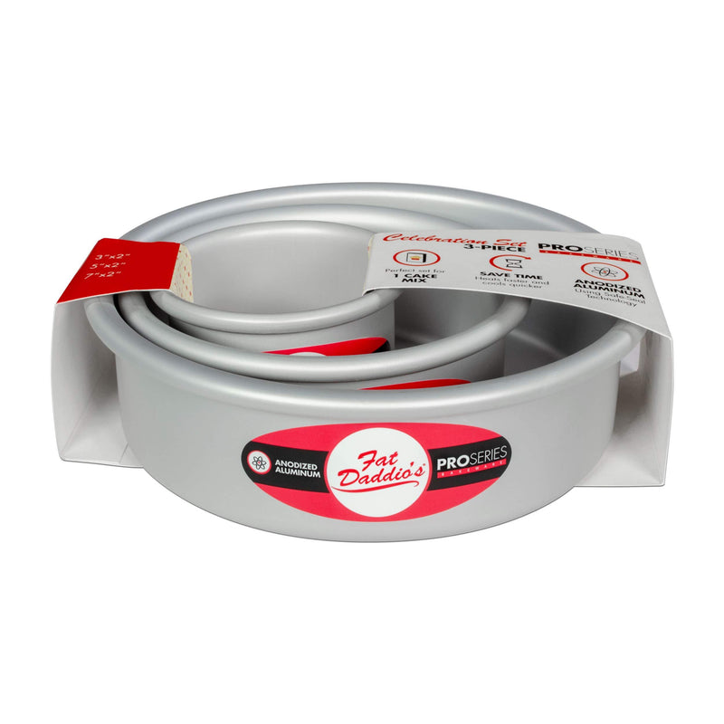 Fat Daddio's Anodized Aluminum Round Cake Pan Celebration Set, Set of 3, Silver, 1-Box Mix Sets 1-Box Cake Mix, Set of 3