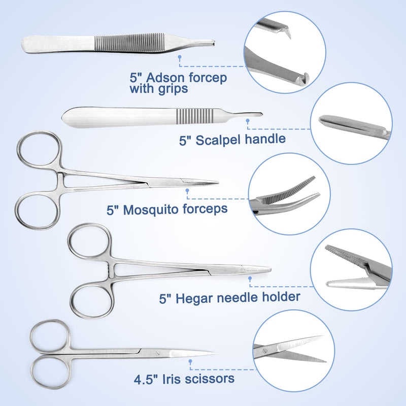 Ultrassist Suture Tool Kit Includes: Scissors, Adson Forceps, Needle Driver, Mosquito Forceps, Scalpel Handle; Complete Suture Instrument Kit for Educational Training - Blue Blue bag