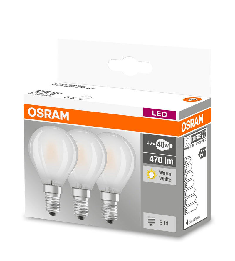Osram LED Base Classic P lamp, in teardrop shape with E14 base, not dimmable, replaces 40 watts, matt, warm white - 2700 Kelvin, 3 pieces (pack of 1) 3 pieces (pack of 1) drops box 3