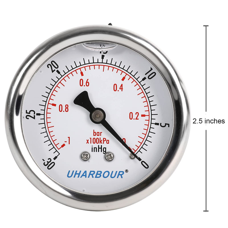 UHARBOUR Glycerin Filled Vacuum Pressure Gauge, 2-1/2" Clear dial,1/4"BSPT Back Connection, Stainless Steel Case, Brass Movement, Dual Scales -30inHg/-1BAR-0… （-30inHg-0） Back Mount