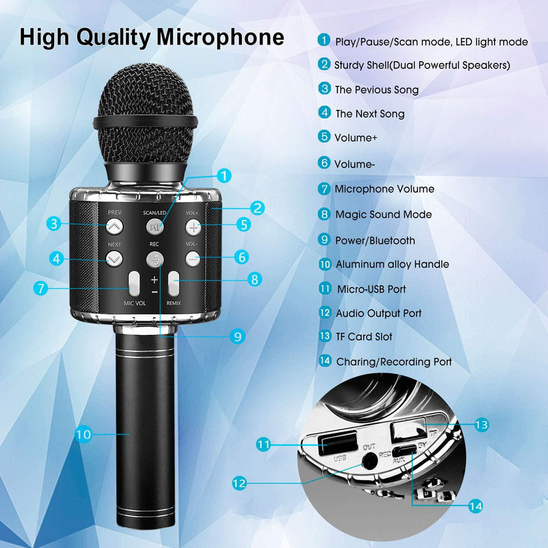 BlueFire Bluetooth 4 in 1 Karaoke Wireless Microphone with LED Lights, Portable Microphone for Kids, Girls, Boys and Adults (Black) Black