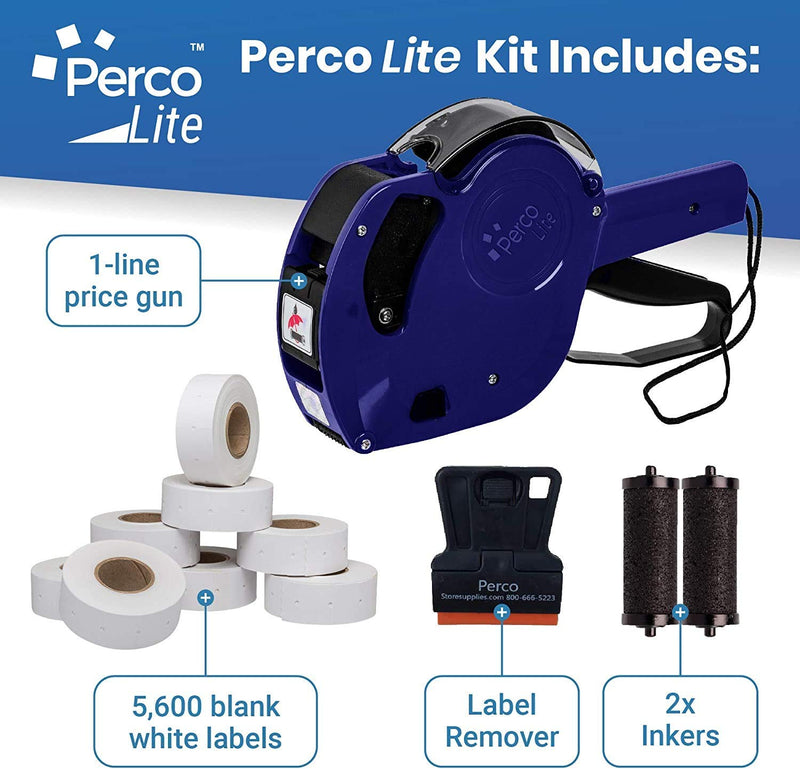 Perco Lite 1 Line Price Gun with Labels Kit - Includes 5,000 Blank White Labels, 2 Ink Rollers, 1 Ink roll and Labels Pre-Loaded