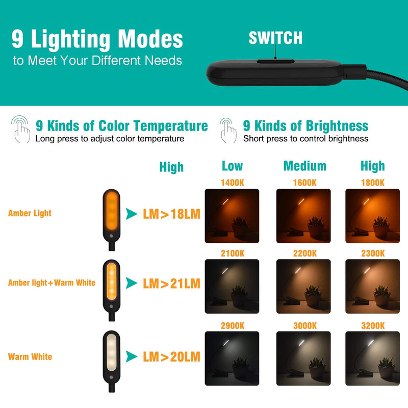 VAVOFO Amber Rechargeable Reading Light, Blue Light Blocking Book Light, 7 LEDs Eye Care 9 Colors 9 Brightness Clip On for Kids Bookworms Reading in Bed with Power Indicator Lasting 70h (Black) 1-Pack Black