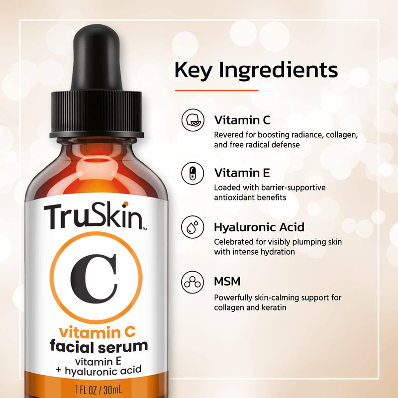 TruSkin Vitamin C Serum for Face, Anti Aging Serum with Hyaluronic Acid, Vitamin E, Organic Aloe Vera and Jojoba Oil, Hydrating & Brightening Serum for Dark Spots, Fine Lines and Wrinkles, 1 fl oz 1 Fl Oz (Pack of 1)