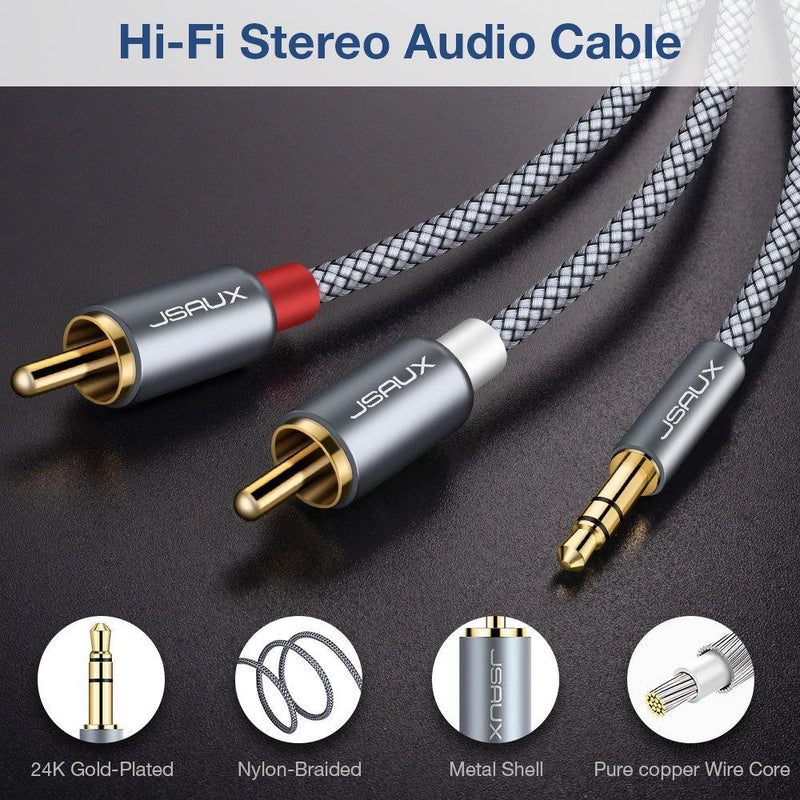 JSAUX RCA Cable, [6.6ft/2M, Dual Shielded Gold-Plated] 3.5mm Male to 2RCA Male Stereo Audio Adapter Coaxial Cable Nylon Braided AUX RCA Y Cord for Smartphones, MP3, Tablets, Speakers, HDTV [Grey] 6.6ft Grey