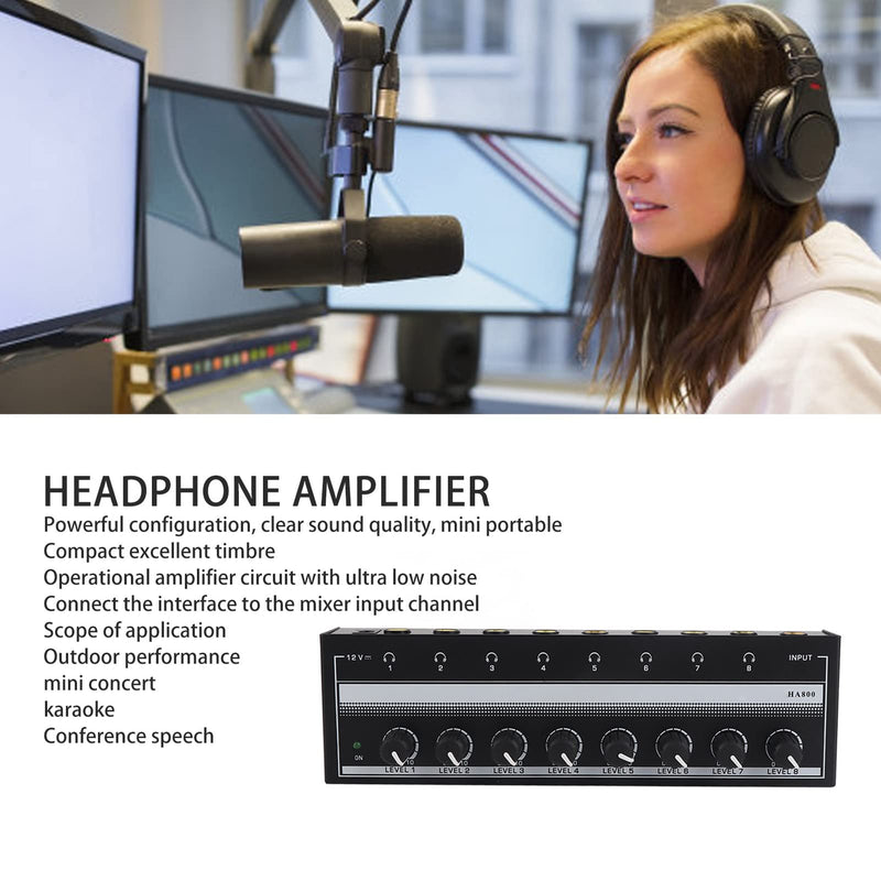 8-Channel Headphone Amplifier, Portable Metal Stereo Audio Amplifier with 12V Power Adapter, Home Audio Amplifier System for Studio and Stage