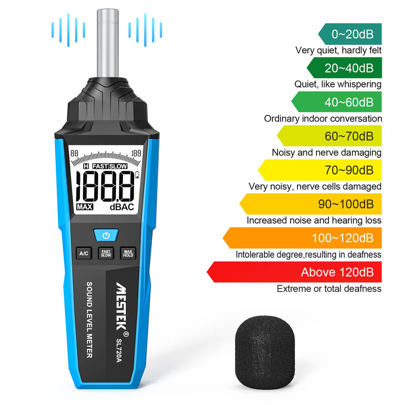 Decibel meter, MESTEK sound level meter, portable db meter, 30 dB to 130 dB, A/C weighted LCD display, can be used in private households, factories and streets