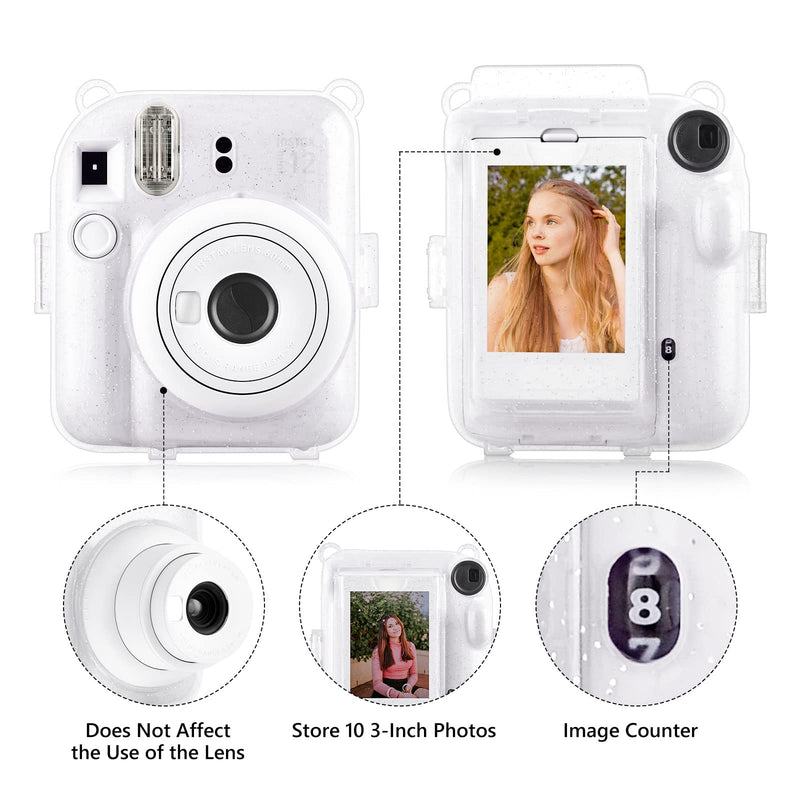 Rieibi Clear Case for Fuji Instax Mini 12/Polaroid Mini 12 - Glitter Case for Fujifilm Instax Mini 12 Instant Camera with Photos Pocket, Shoulder Strap and Mini Photo Album - Glitter Clear