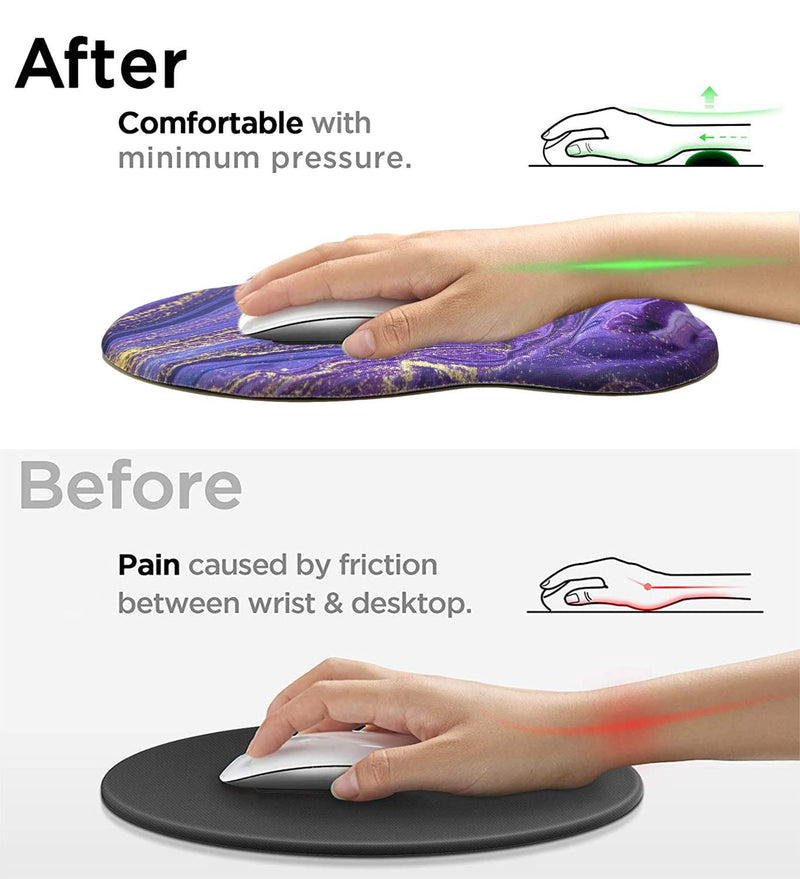 Ergonomic Design Mouse Pad with Wrist Rest Support, Knocent Cute Wrist Mouse Pad with Lycra Cloth, Non-Slip PU Base Mouse Mat, Pain Relief Mousepad for Gaming & Working (Wrist Marble Purple-B) Wrist Marble Purple-b