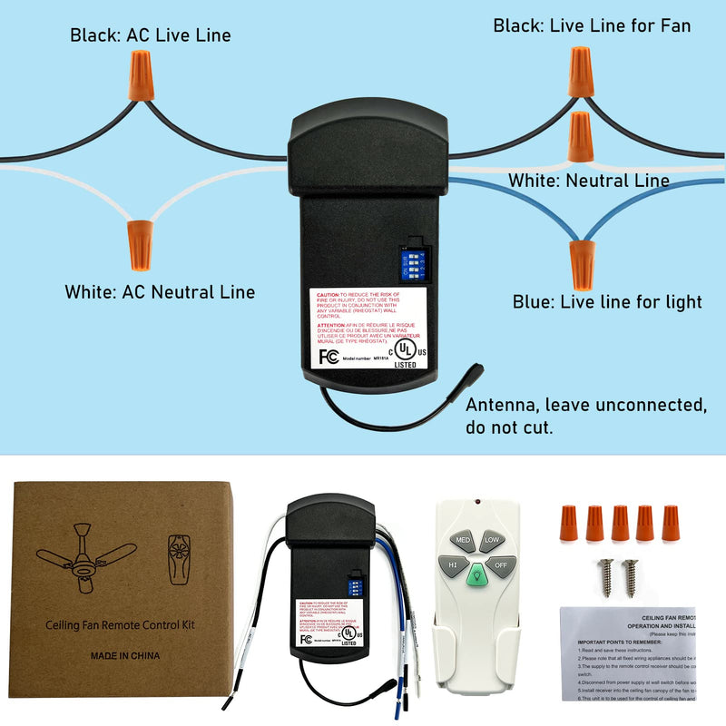 YukiHalu Universal Ceiling Fan Remote Control Kit, 3 Fan Speeds and Light Dimmer, UL Listed