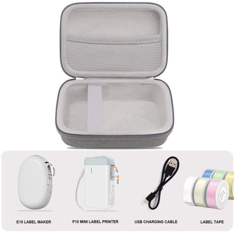 Elonbo Label Maker Case for SUPVAN E10 Mini Bluetooth Label Printer/POLONO P10 Mini Label Printer, Extra Interior Mesh Pocket Fits Label Paper Cable, Grey. CASE ONLY! (Label Maker not Included)