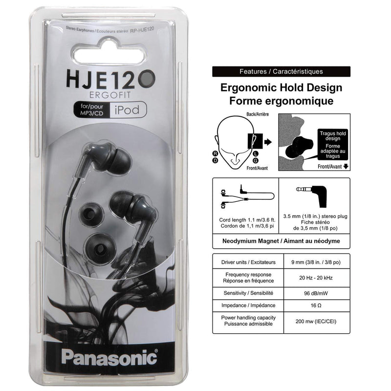 Panasonic ErgoFit In-Ear Earbud Headphones RP-HJE120K Dynamic Crystal-Clear Sound, Ergonomic Comfort-Fit, 9mm, Black, PACK, No Mic