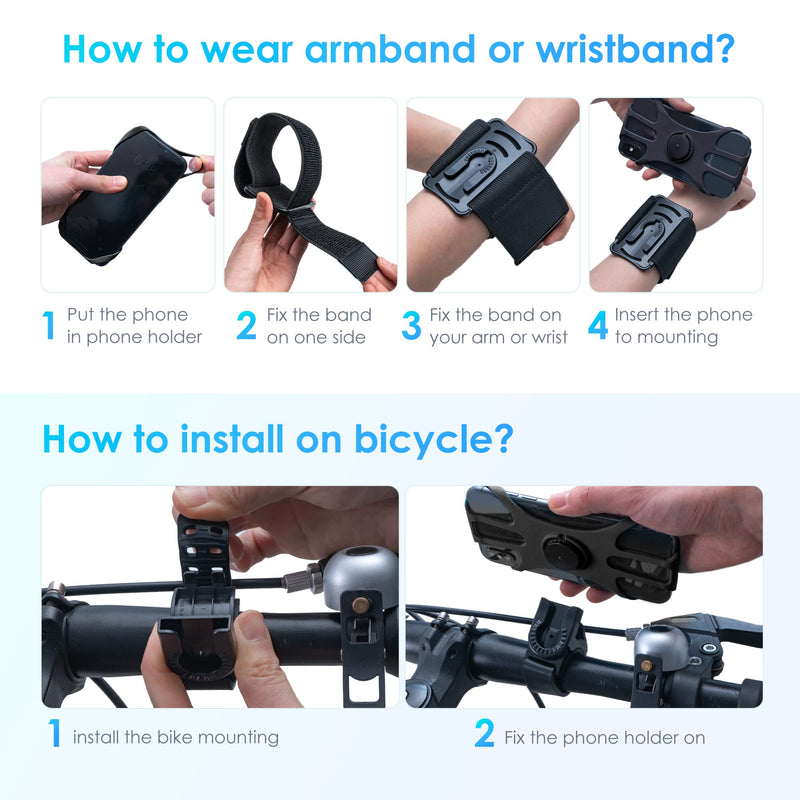 Cikyner Running Armband, 3 in 1 Running Phone Holder Sports Armband Bicycle Phone Holder 360° Rotatable & Detachable Running Phone Armband for 4.5- 10'' iPhone Samsung Huawei for Gym Running Hiking Black