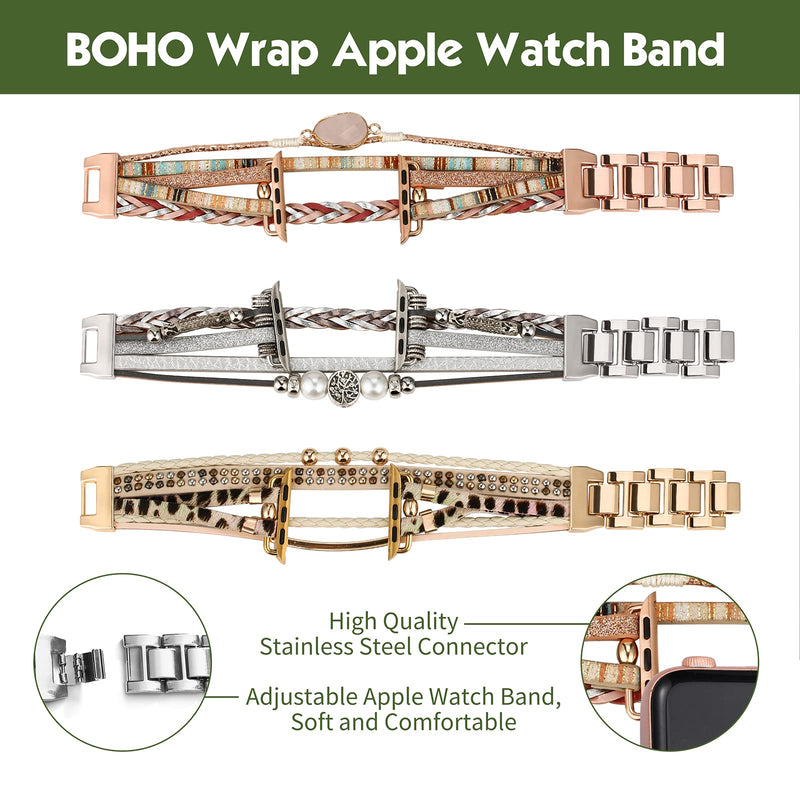 CHARMINGO Boho Leather Wrap Bands Compatible with Apple Watch Band Bracelet for Women Men 38mm/40mm/41mm 42mm/44mm/45mm/49mm, Multilayer Apple Watch Strap for Iwatch Band Series 8/7/6/5/4/3/2/1/SE Ultra Pink