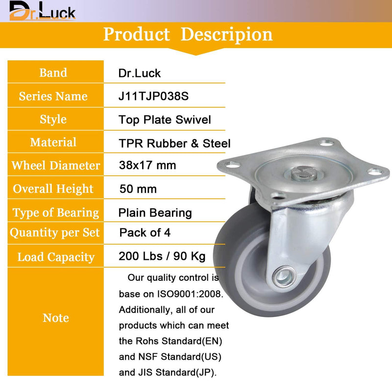 Dr.Luck 1.5" Swivel Thermo Plastic Rubber Caster, 360 Degrees Ball Bearing Top Plate & Plain Bearing Wheel, Move Smooth Quiet Sturdy for DIY Furniture, Total Load Capacity 200Lbs/90Kg 4-Pack 1.5 Inch