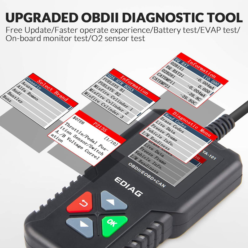 EDIAG Car OBD2 Scanner YA-101 Car Code Reader for Check Engine Light,O2 Sensor,EVAP Test, On-Board Monitor Test,Smog Check,Code Reader OBD2 Diagnostic Scan Tool for All OBD2 Protocol Cars Since 1996