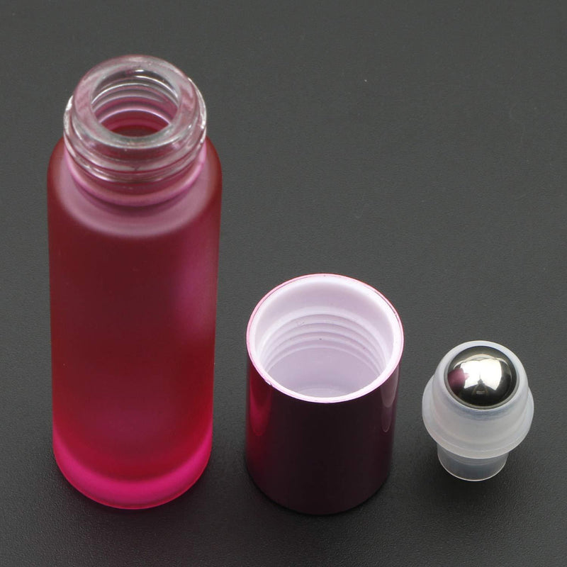 Kesell 10 Pack - 10ml Refillable Frosted Glass Roller Bottles Vials with Stainless Steel Roller Ball and Aluminum Cap - Pink Color