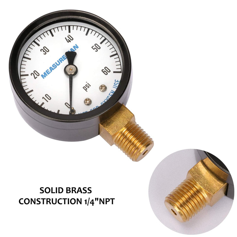 MEASUREMAN 2" Dry and Utility Pressure Gauge, Swimming Pool Filter Pressure Gauge, Spa, Aquarium, Water Pressure Gauge, 1/4"NPT Lower Mount 0-60Psi x 2 pcs