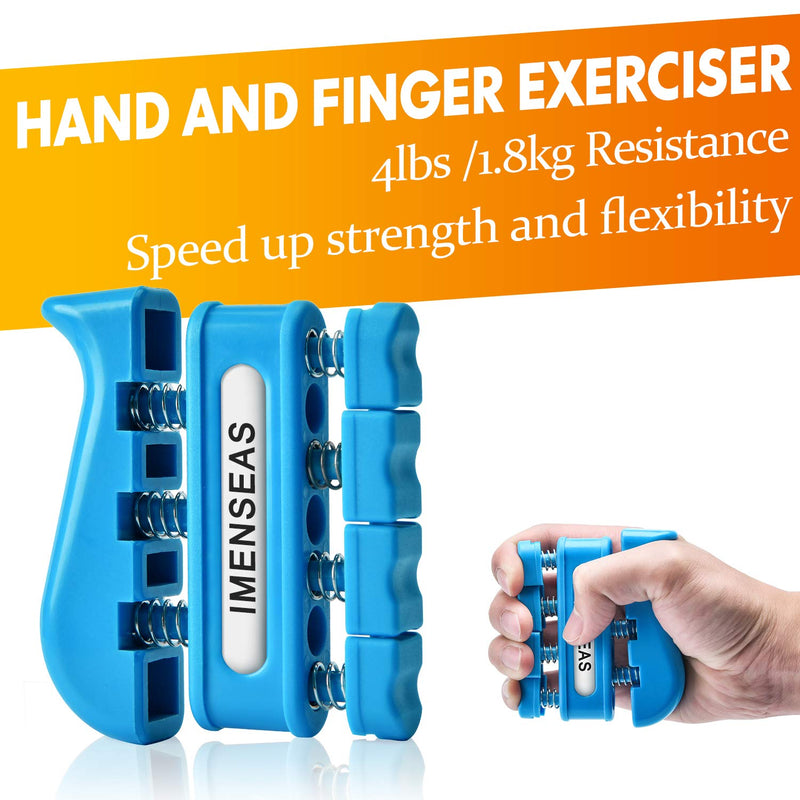 IMENSEAS Hand Grip Strengthener 7 Pack Adjustable Hand Gripper, Finger Stretcher Resistance Extensor Bands, Finger Exerciser, Grip Strength Ring & Stress Relief Ball for Athletes & Musicians Blue