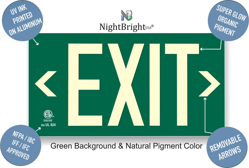 Photoluminescent Exit Sign Green - Aluminum Code Approved Aluminum UL 924 / IBC / NFPA 101