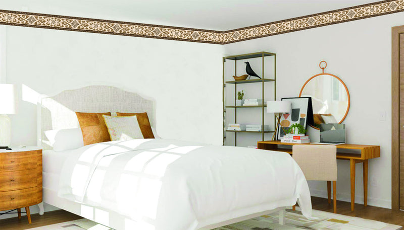 Dundee Deco DDAZBD9103 Peel and Stick Wallpaper Border - Damask Gold Brown Scrolls Wall Border Retro Design, 15 ft x 7 in (4.57m x 17.78cm), Self Adhesive