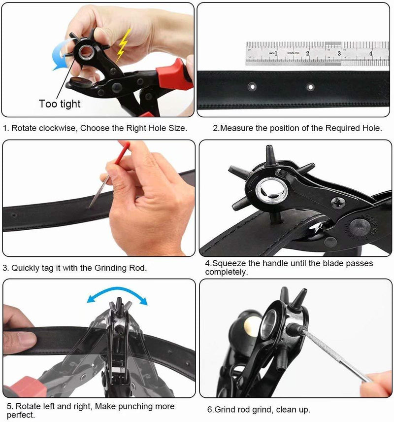 Revolving Punch Plier Kit, XOOL Leather Hole Punch Set for Belts, Watch Bands, Straps, Dog Collars, Saddles, Shoes, Fabric, DIY Home or Craft Projects, Heavy Duty Rotary Puncher, Multi Hole Sizes Make Hole Puncher