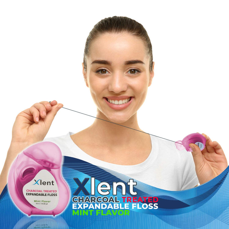Expandable Floss Treated with Activated Charcoal, Xylitol and Natural Plant Based Wax | Fresh Mint Flavor | 50 Meters Each(2 Count) 2 Count (Pack of 1)