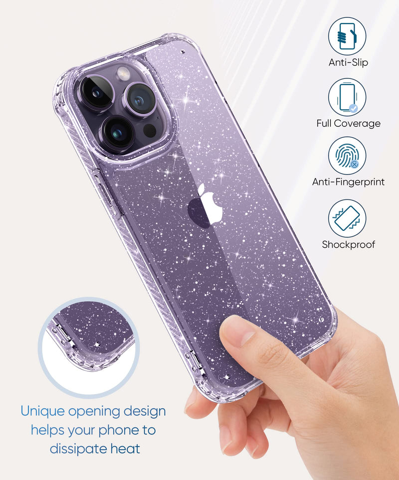 MIODIK Case Compatible with iPhone 14 Pro, with Screen Protector + Camera Lens Protector, Clear Glitter Shockproof Non-Yellowing Women Sparkle Protective 14 Pro Cover 6.1 Inch 2022 (Twinkle Clear)