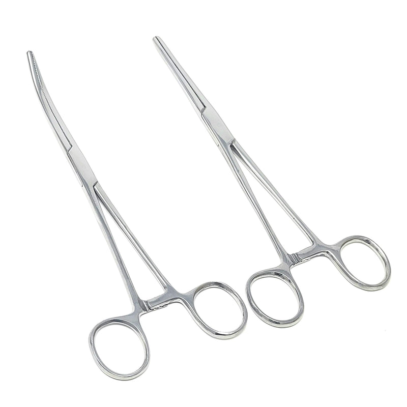 2 Pc 8" Locking Straight & Curved Stainless Steel Hemostat Forceps Set Ideal for EMT, Firefighter, Dental, Hobby, Fishing, Electronics, Pruning, Taxidermy + More