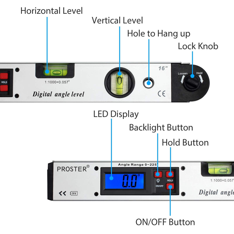 Proster 0-225° Digital Angle Finder LCD Protractor Angle Gauges Spirit Level 400mm/16 inch Vertical Horizontal Dual Spirit Level for Carpenter Woodworking Home Decoration white