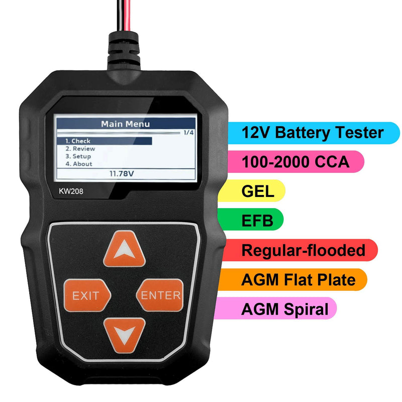 KW208 12V Car Battery Tester, Automotive Battery Load Tester, 100-2000 CCA Auto Cranking & Charging System Test, Display Diagnostic Checker Scan Tool Digital Battery Analyzer for Truck Marine SUV Boat