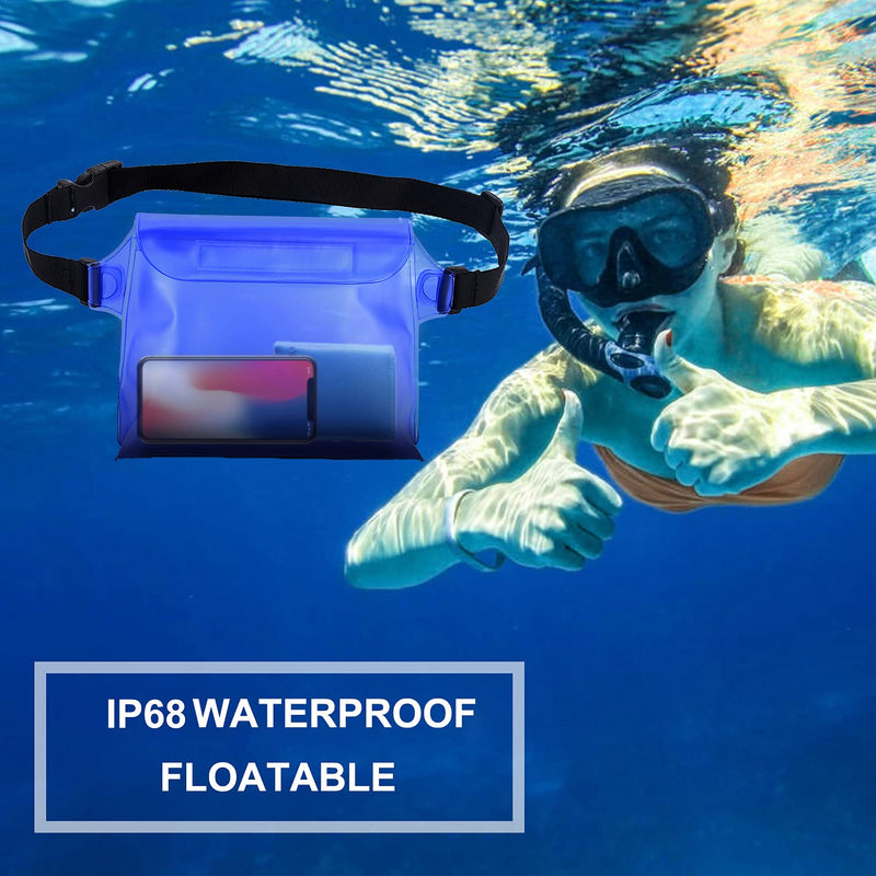 HEETA 2-Pack Waterproof Pouch with Waist Strap, Screen Touchable Dry Bag with Adjustable Belt for Phone Valuables for Swimming Snorkeling Boating Fishing Kayaking Blue & Black