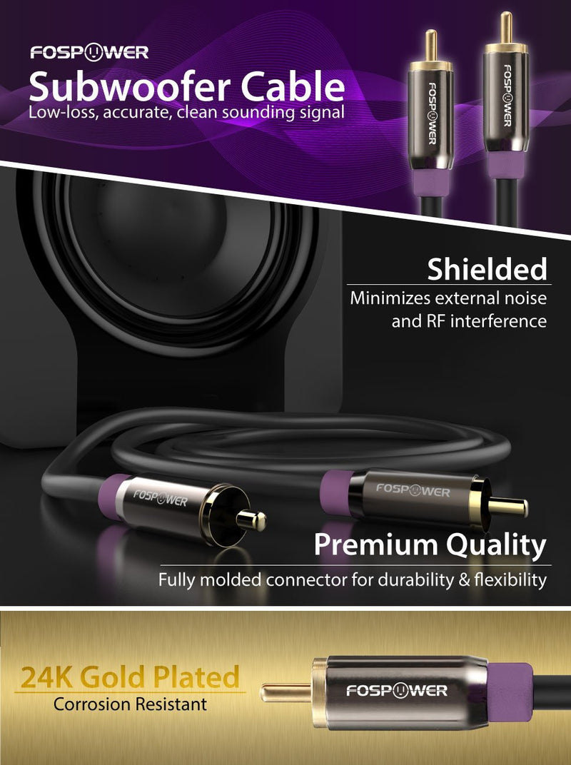 Subwoofer Cable (10 Feet), FosPower RCA to RCA Audio Stereo Cable, Male to Male - Dual Shielded Cord | 24K Gold Plated Connector | Corrosion Resistant | Clean Sounding Signal