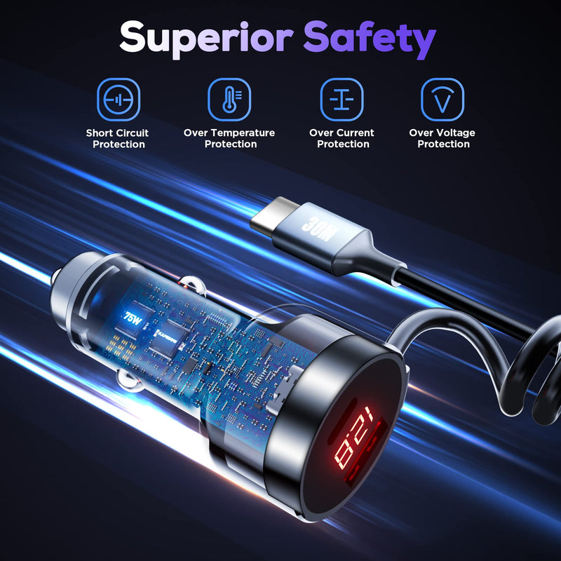 USB C Car Charger, 75W Metal 3-Port Super Fast Car Charger Adapter PD & QC3.0 Built-in 6ft Type C Coiled Cable for Samsung Galaxy S22/21 iPhone iPad Pro Pixel Android Phones Black
