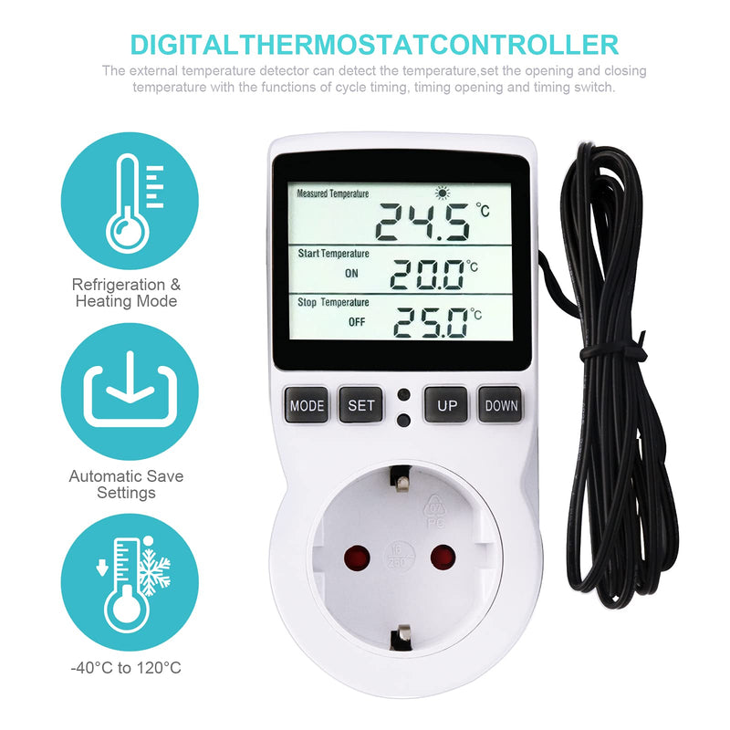 RUIZHI Digital Temperature Controller Sockets Heating Cooling Thermostat 250V with Sensor Socket and Probe LCD Screen for Greenhouse, Aquarium, Terrarium, Reptiles (EU).